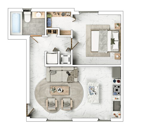 Floor plan for 1 bed, 1 bath, 615 sqft